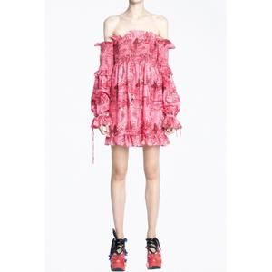 NEW VIDEMUS OMNIA venus off-the-shoulder smocked charmeuse mini dress in pink